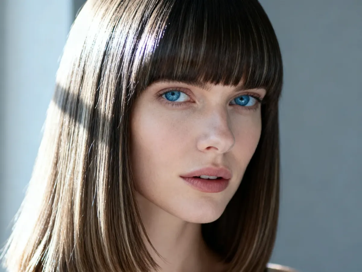 Kobieta z modną fryzurą typu long bob z grzywką, prezentująca gładkie i lśniące włosy w profesjonalnej stylizacji.