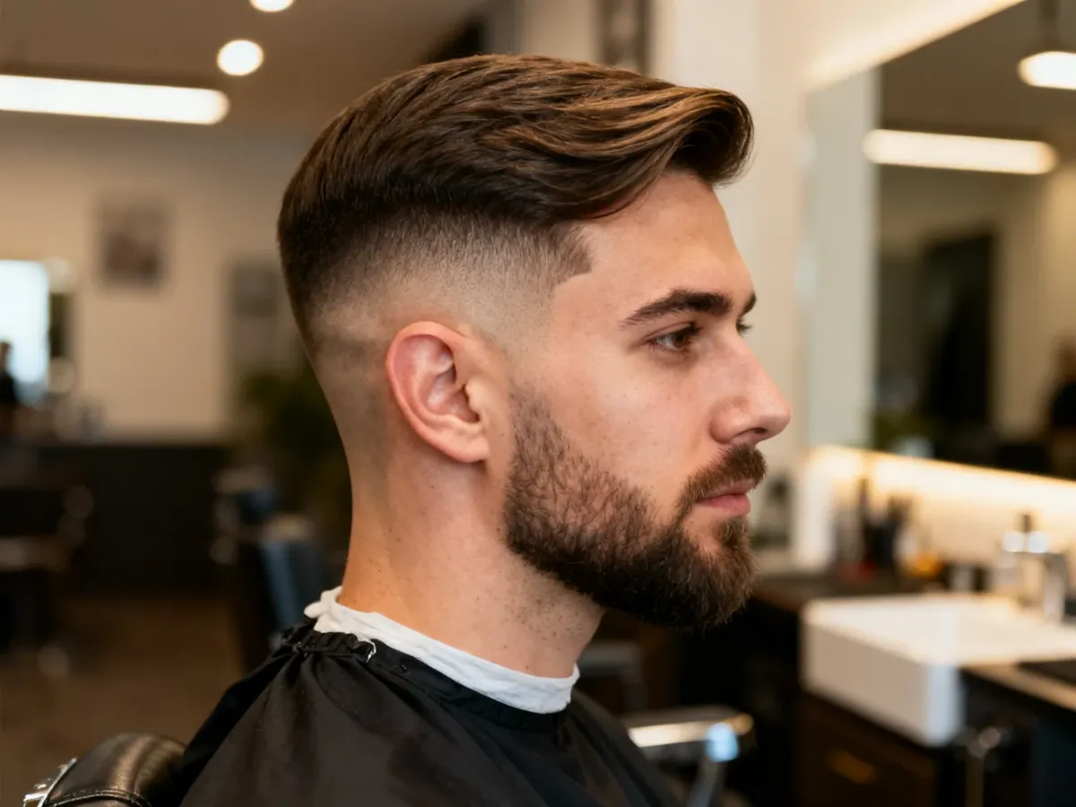 Mężczyzna z delikatnym low fade i naturalnie zaczesaną górą