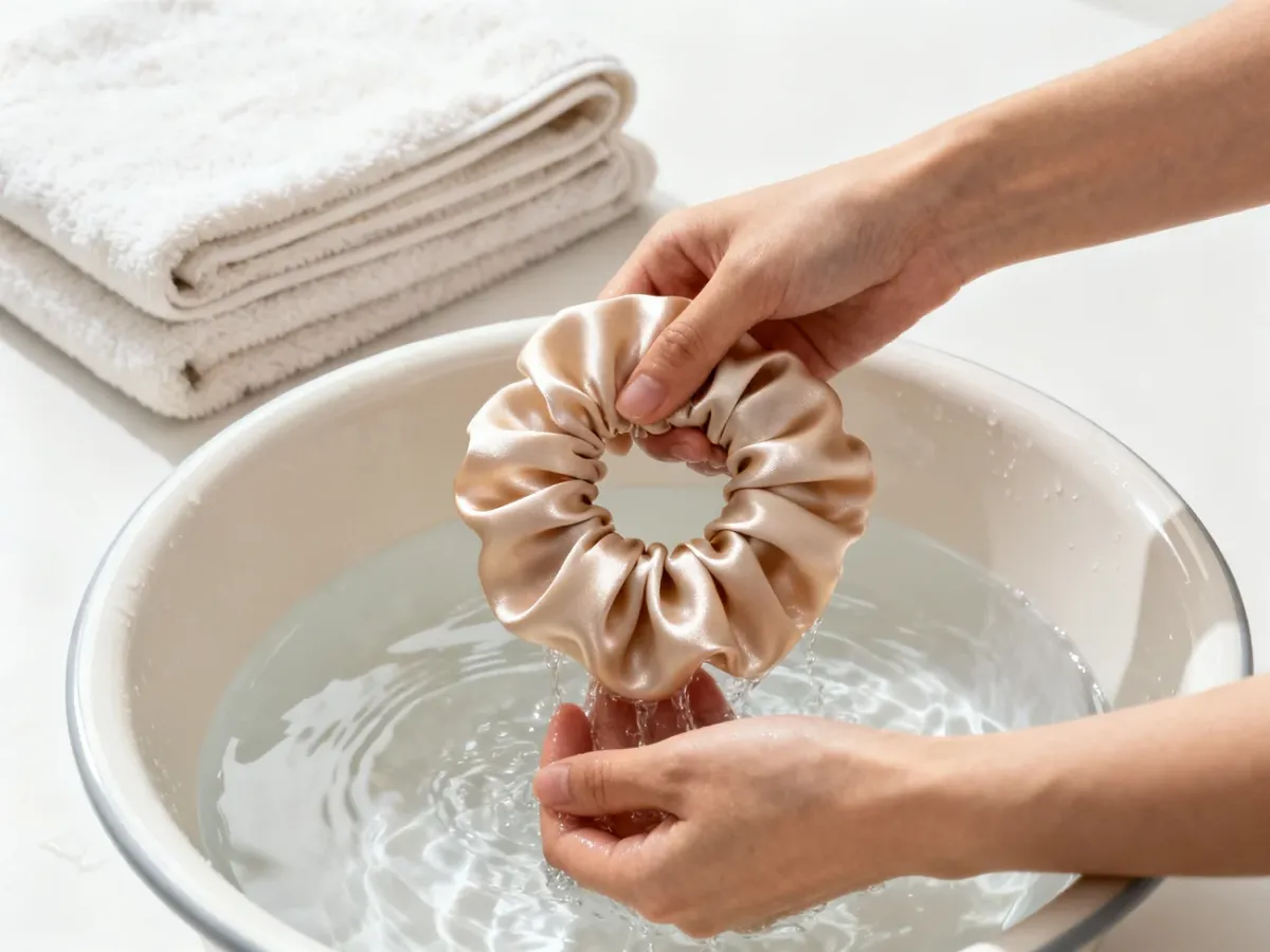 Ręczne pranie jedwabnej scrunchie w chłodnej wodzie