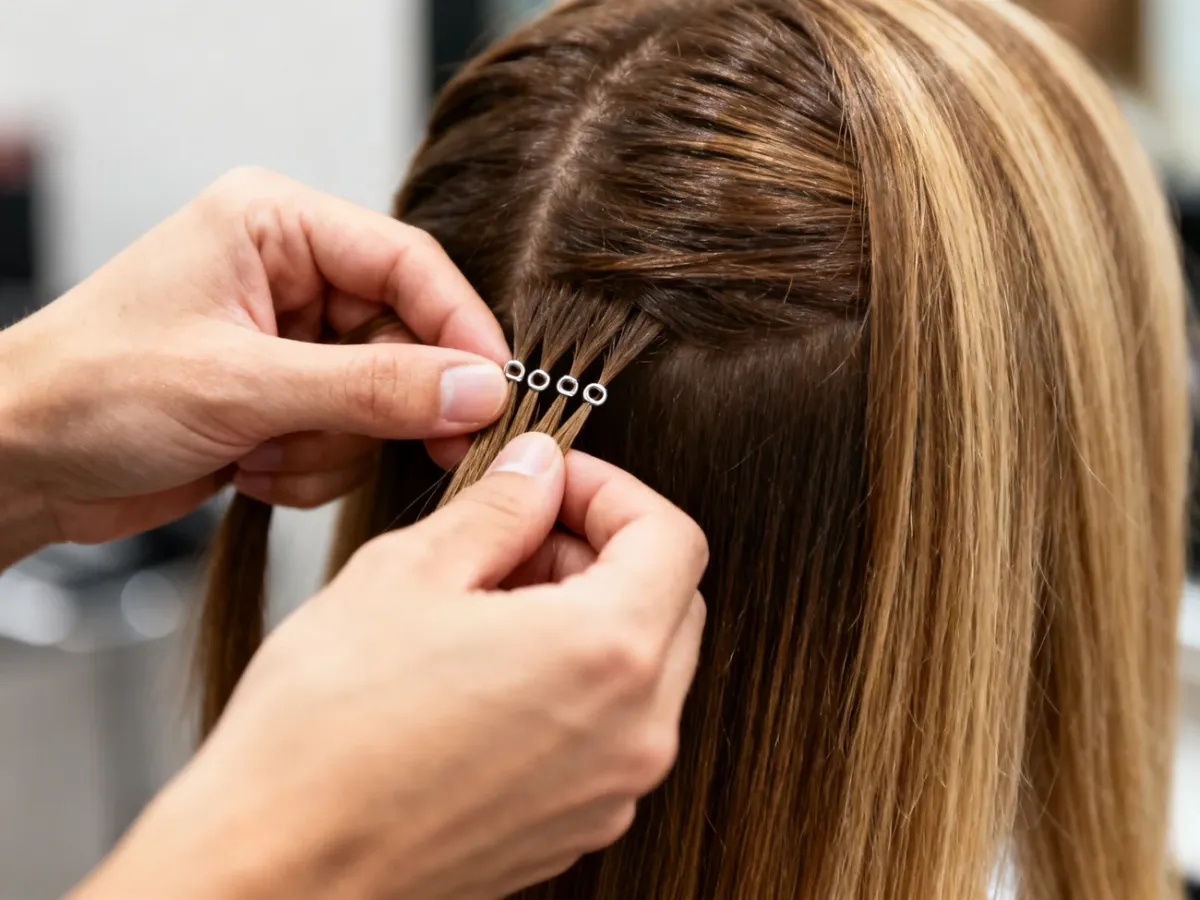 Mocowanie doczepianych pasm włosów za pomocą małych metalowych ringów