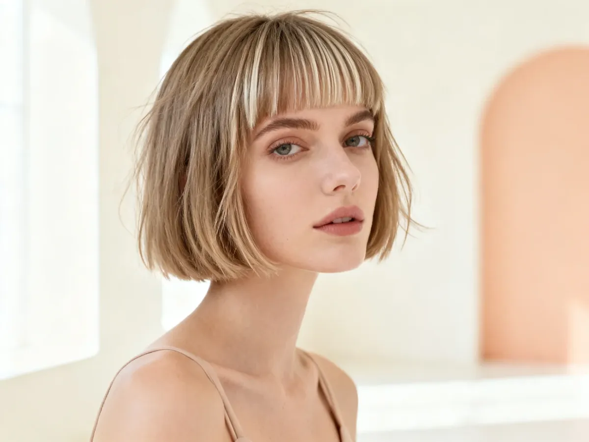 Krótki French bob z lekką grzywką i naturalną objętością