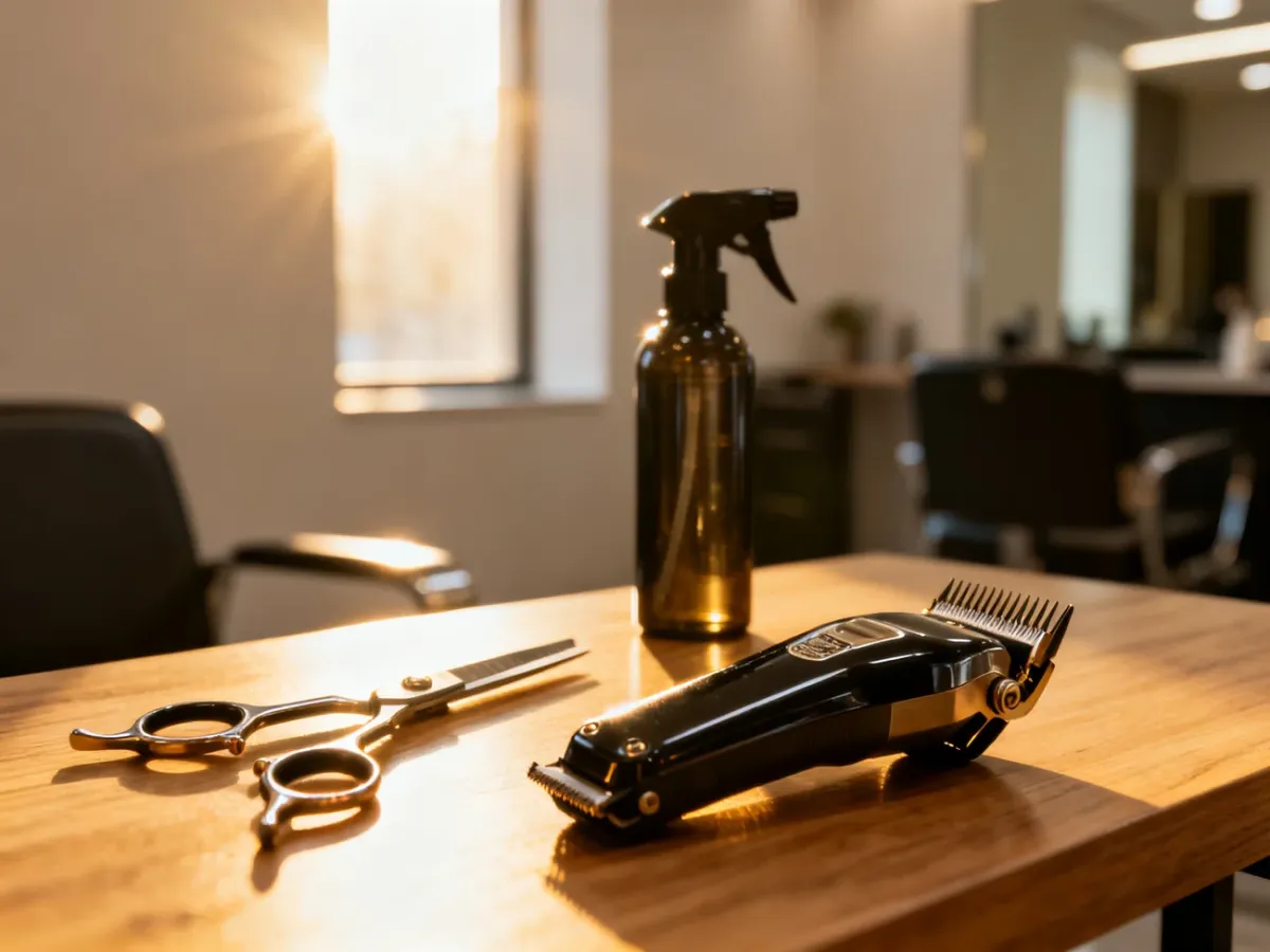 Profesjonalne narzędzia fryzjerskie ułożone na drewnianym blacie w nowoczesnym salonie barberskim.