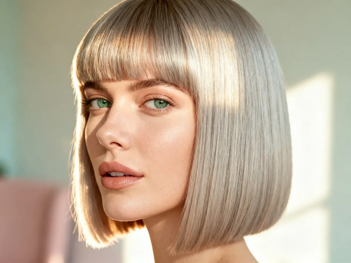 Elegancki bob w kolorze popielatego blondu z prostą grzywką, prezentujący nowoczesną i wygładzoną stylizację włosów.