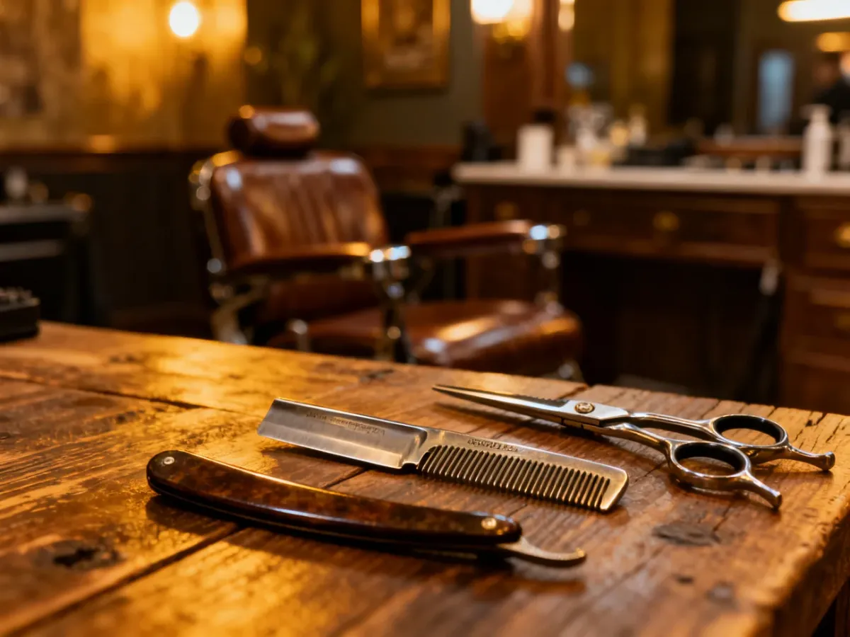 Profesjonalne narzędzia fryzjerskie, takie jak brzytwa i nożyczki, na tle stylowego wnętrza barber shopu.