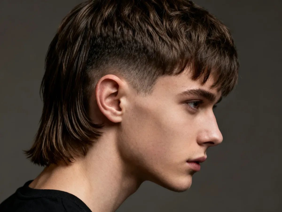 Mężczyzna z nowoczesną, warstwową fryzurą mullet