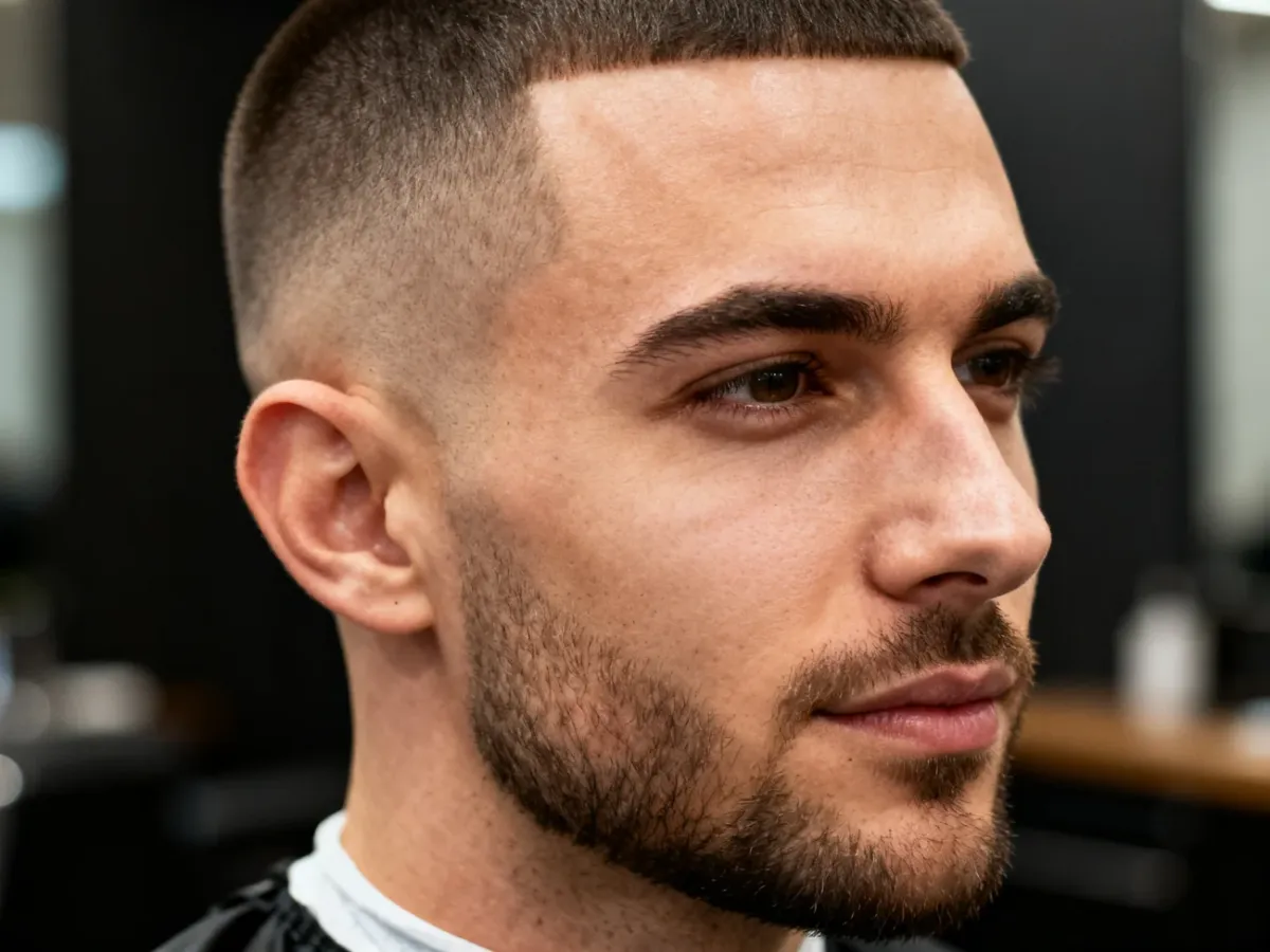 Mężczyzna z bardzo krótką fryzurą Buzz Cut w salonie barberskim