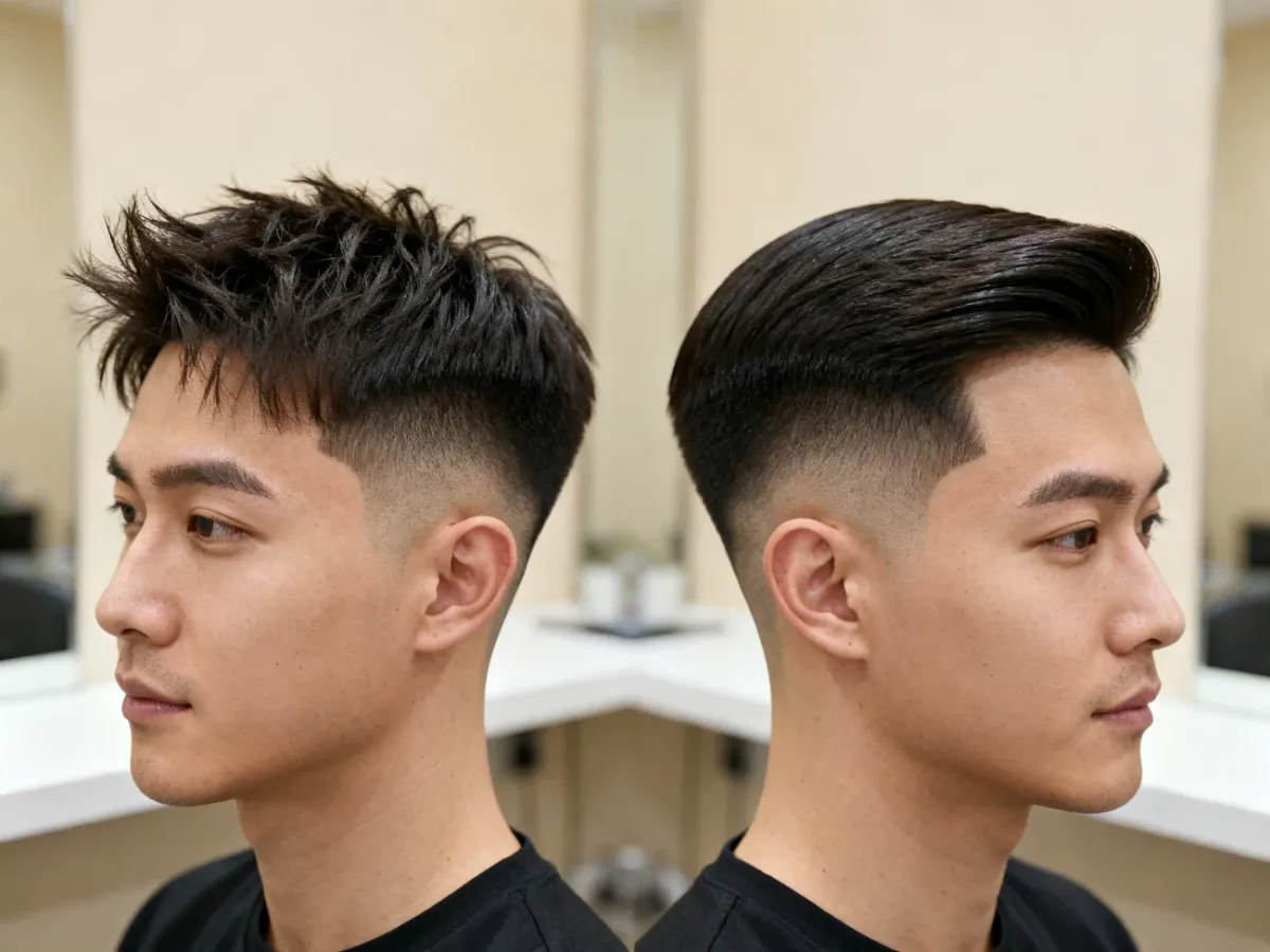 Dwie wersje stylizacji fryzury z fade’em — messy top i przedziałek