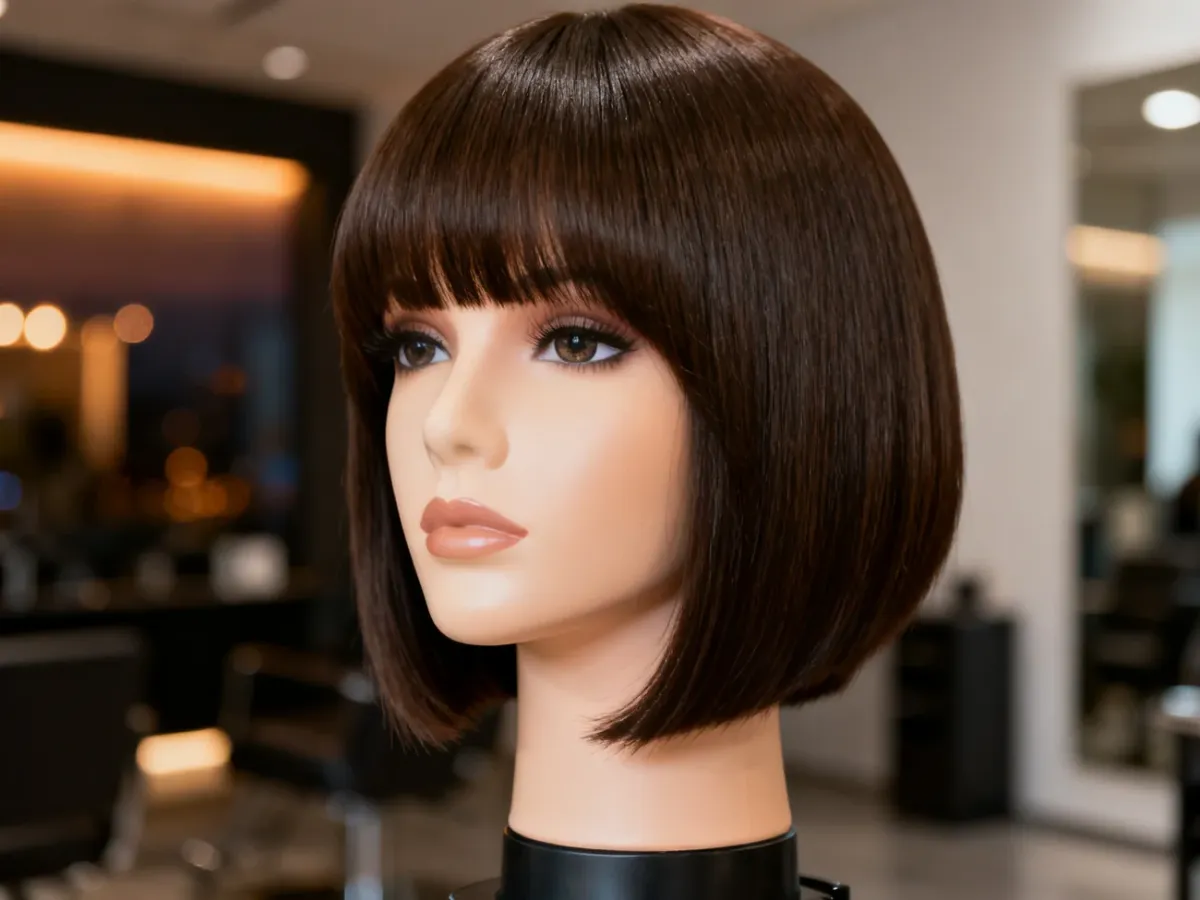 Elegancka peruka z modną grzywką prezentowana na manekinie w profesjonalnym salonie fryzjerskim.