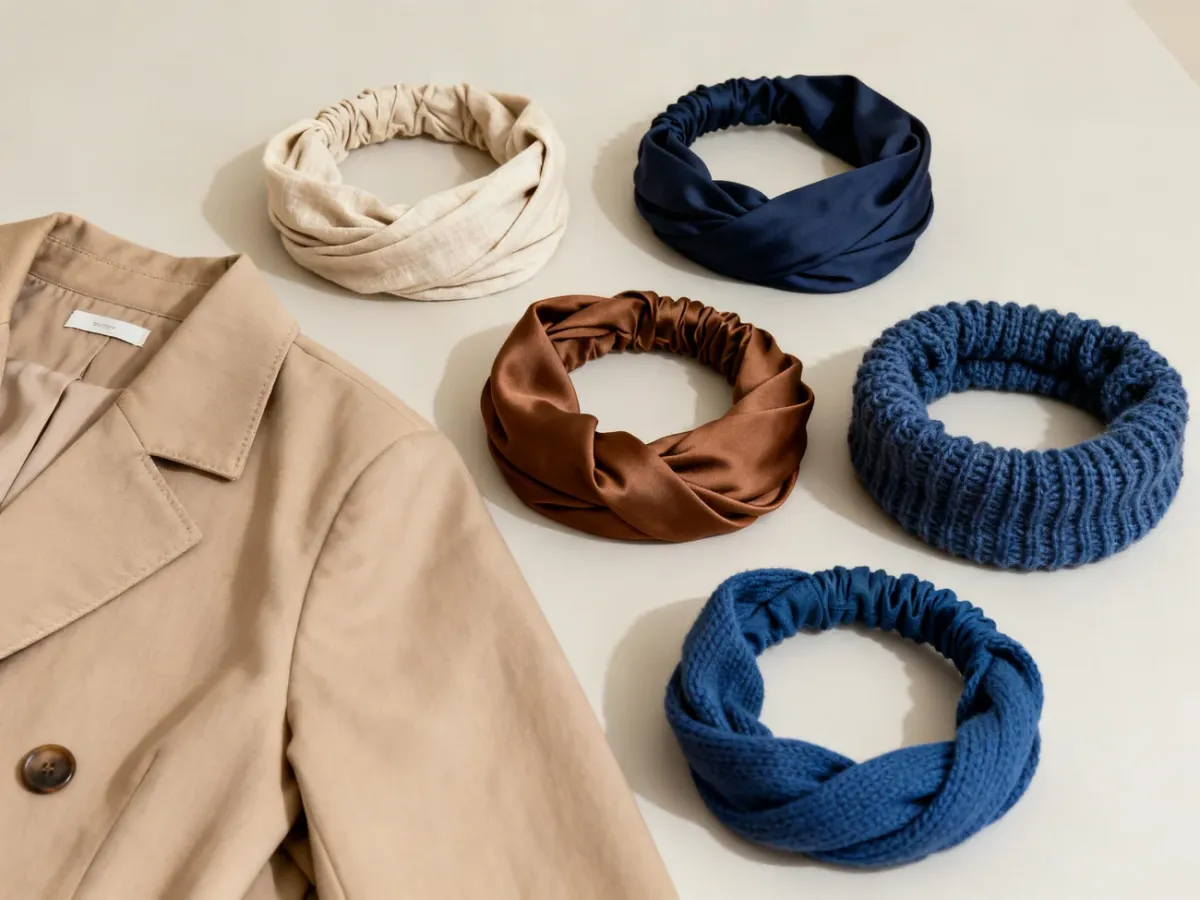 Opaski turban w różnych kolorach i materiałach obok sezonowych ubrań