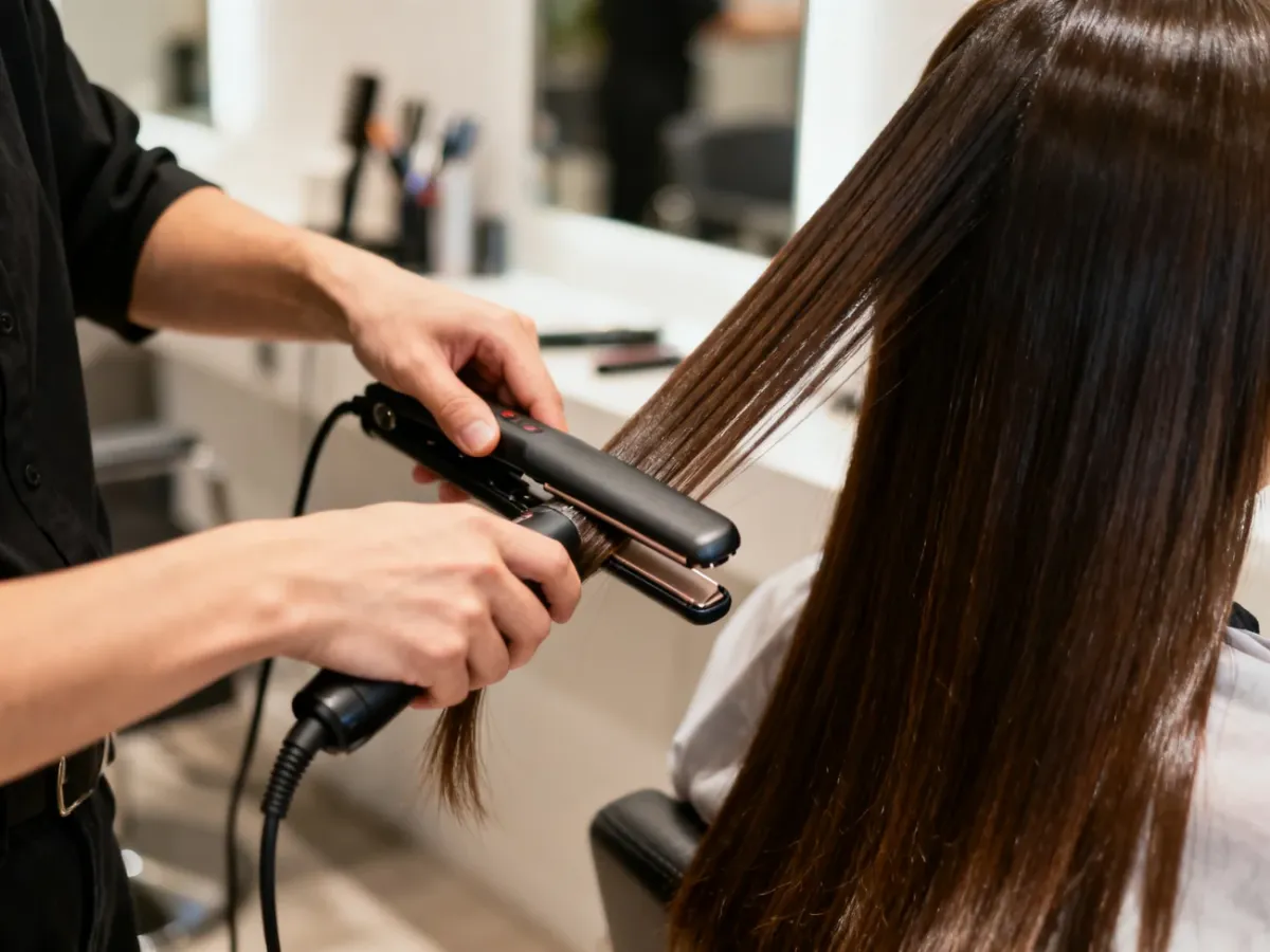 Fryzjer prostujący włosy klientki w salonie