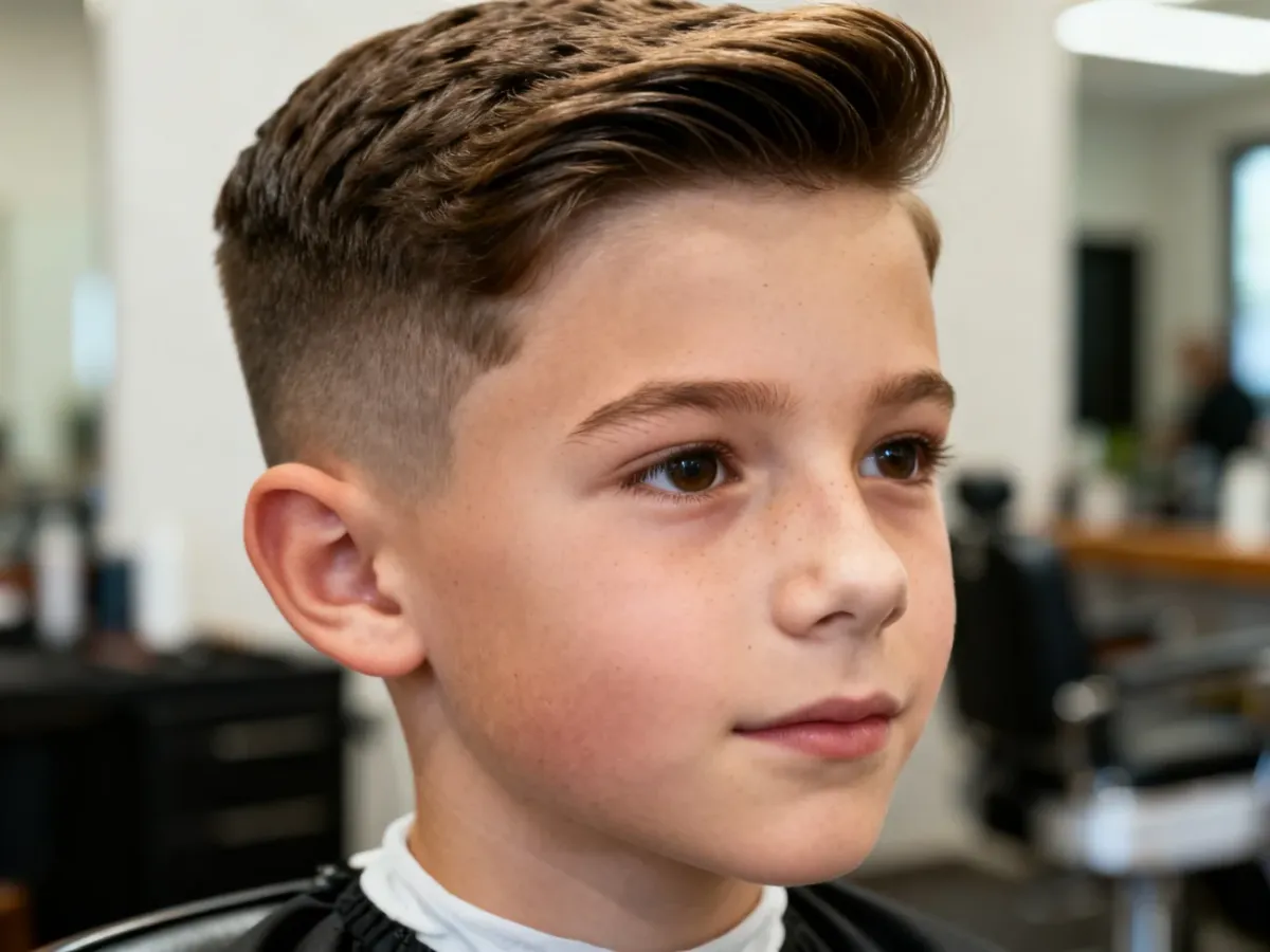 Chłopiec z nowoczesną fryzurą quiff w salonie fryzjerskim