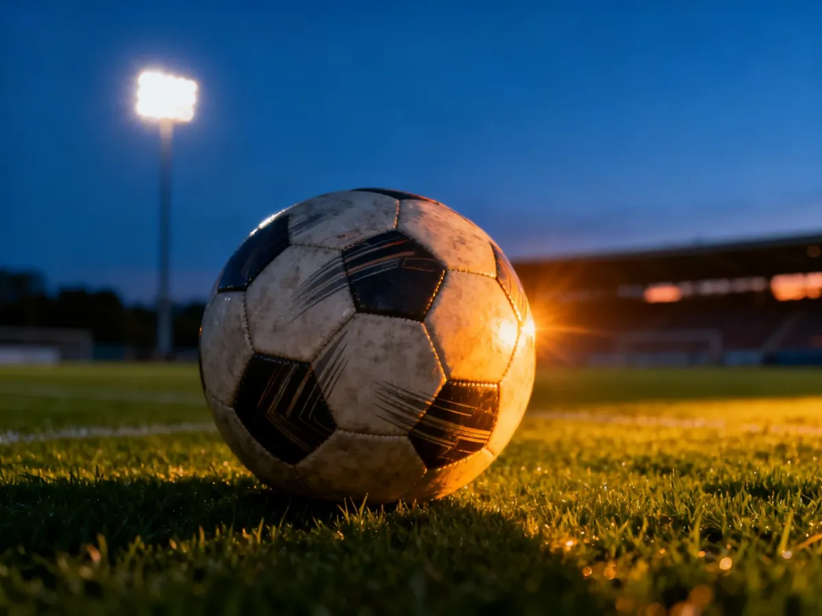 Profesjonalna piłka nożna na murawie stadionu w świetle zachodzącego słońca, symbolizująca pasję do sportu.