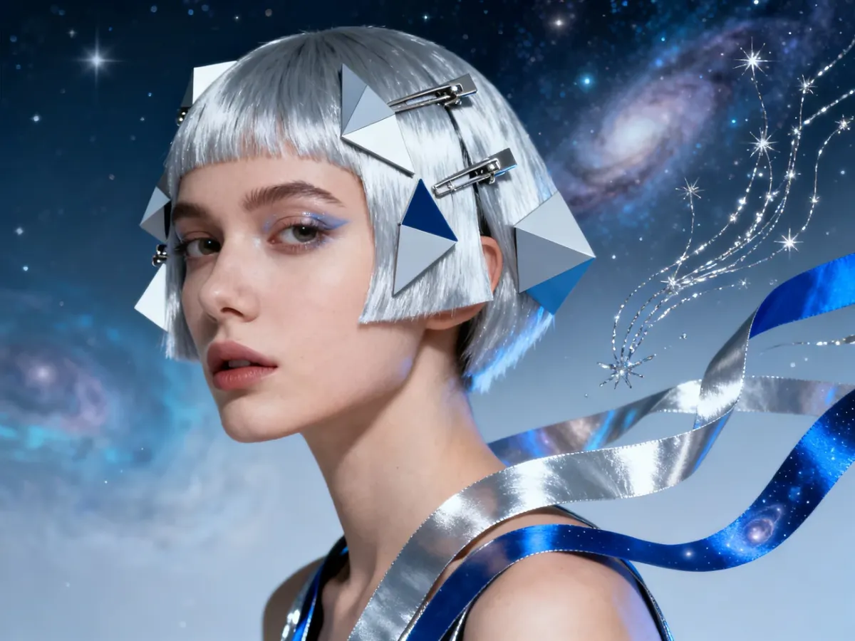 Futurystyczna fryzura z metalicznymi dodatkami