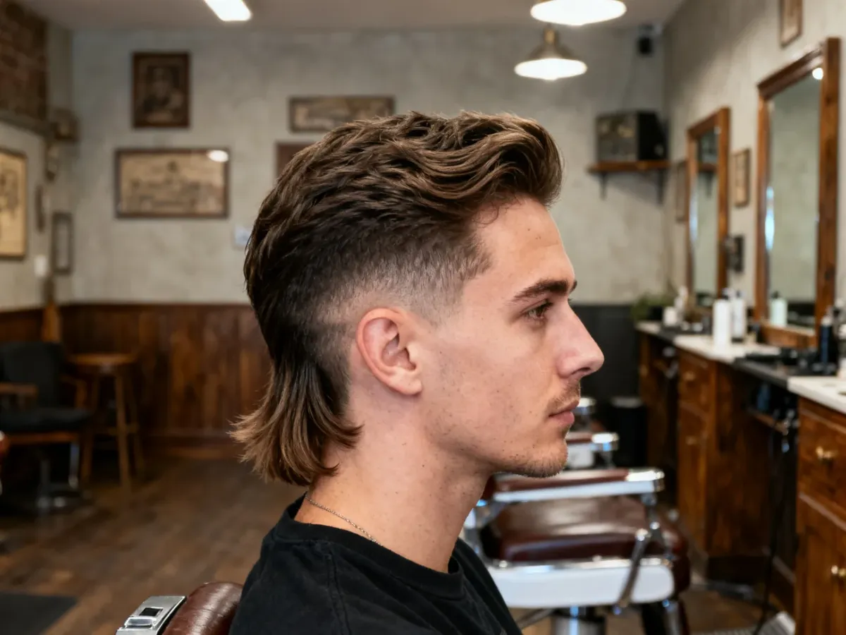 Mężczyzna z nowoczesnym mulletem w salonie fryzjerskim