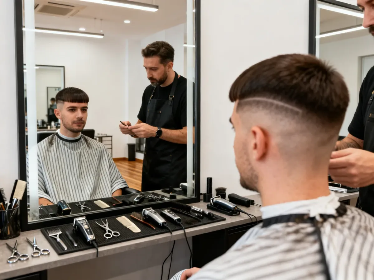 Barber konsultujący z klientem szczegóły fryzury French Crop