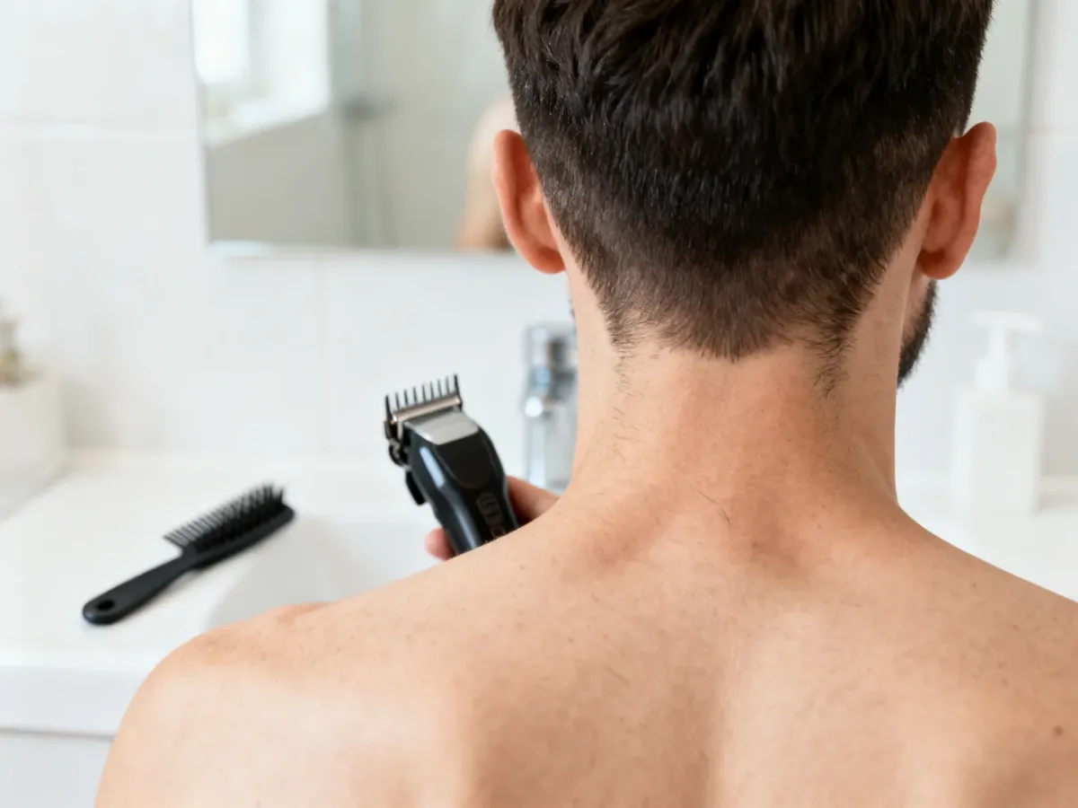 Mężczyzna oglądający naturalną linię włosów na karku w jasnej łazience