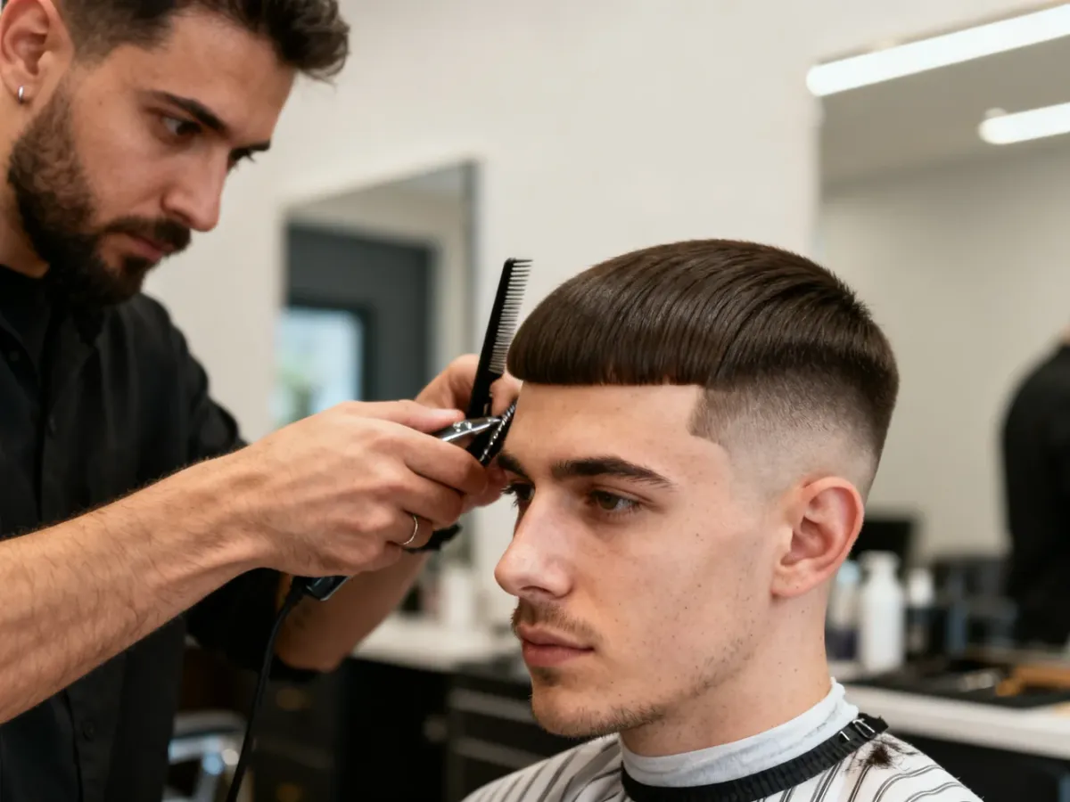 Barber wykonujący precyzyjne cieniowanie fade z dłuższą górą