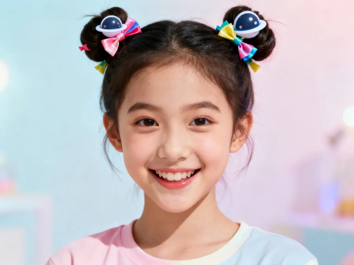 Dziewczynka z dwoma wesołymi koczkami space buns