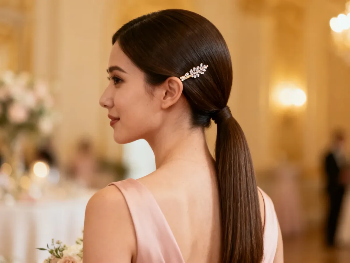 Elegancka fryzura z gładkim niskim kucykiem i ozdobną spinką