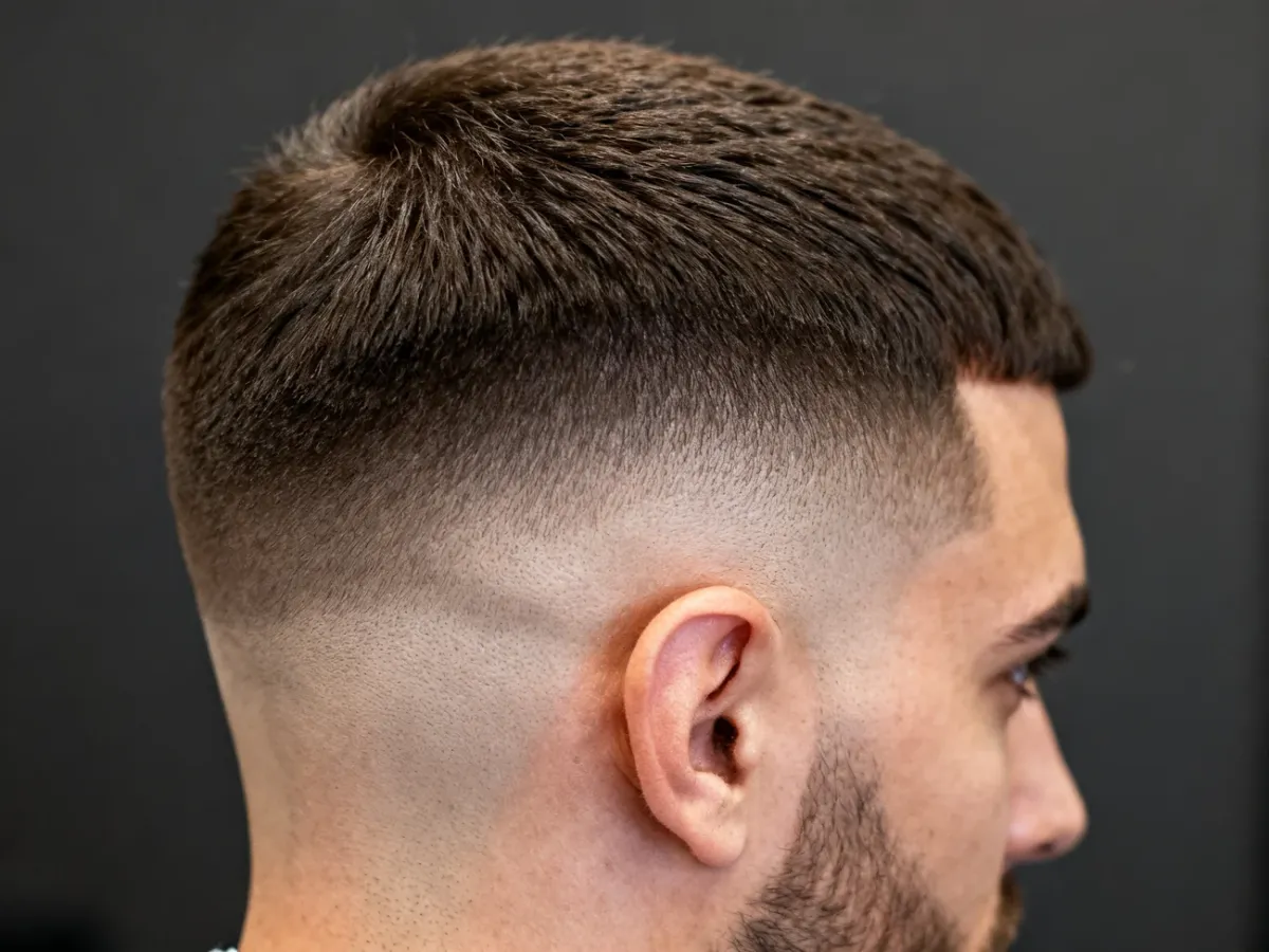 Męska fryzura Skin Fade z płynnym przejściem do dłuższej, teksturowanej góry