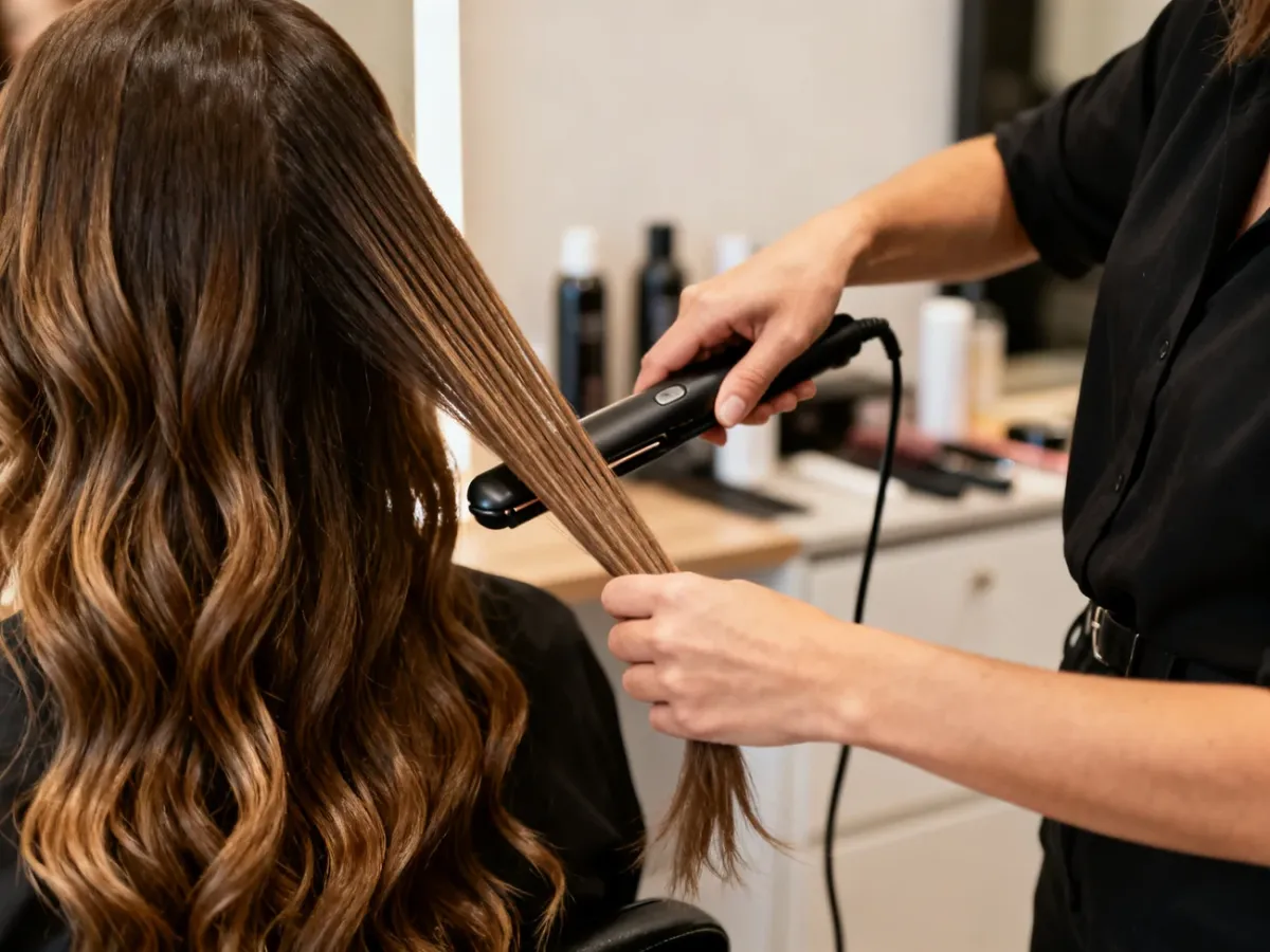 Stylista prostujący cienkie pasma włosów w salonie fryzjerskim
