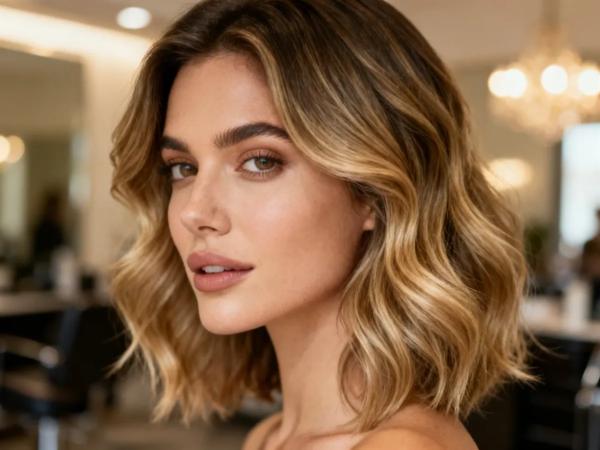 Ciemny blond z delikatnymi refleksami rozświetlającymi fryzurę