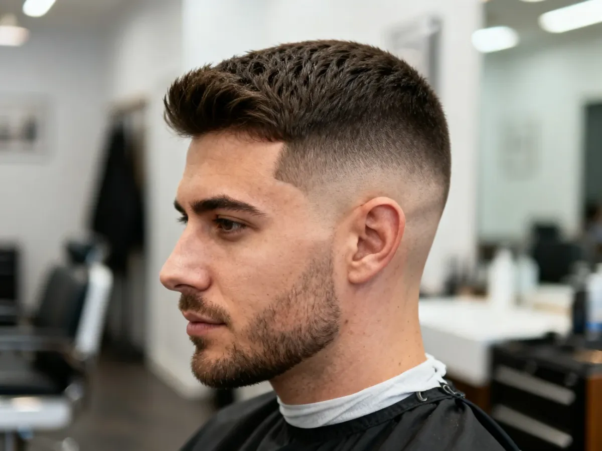 Mężczyzna z fryzurą Crew Cut i wycieniowanymi bokami