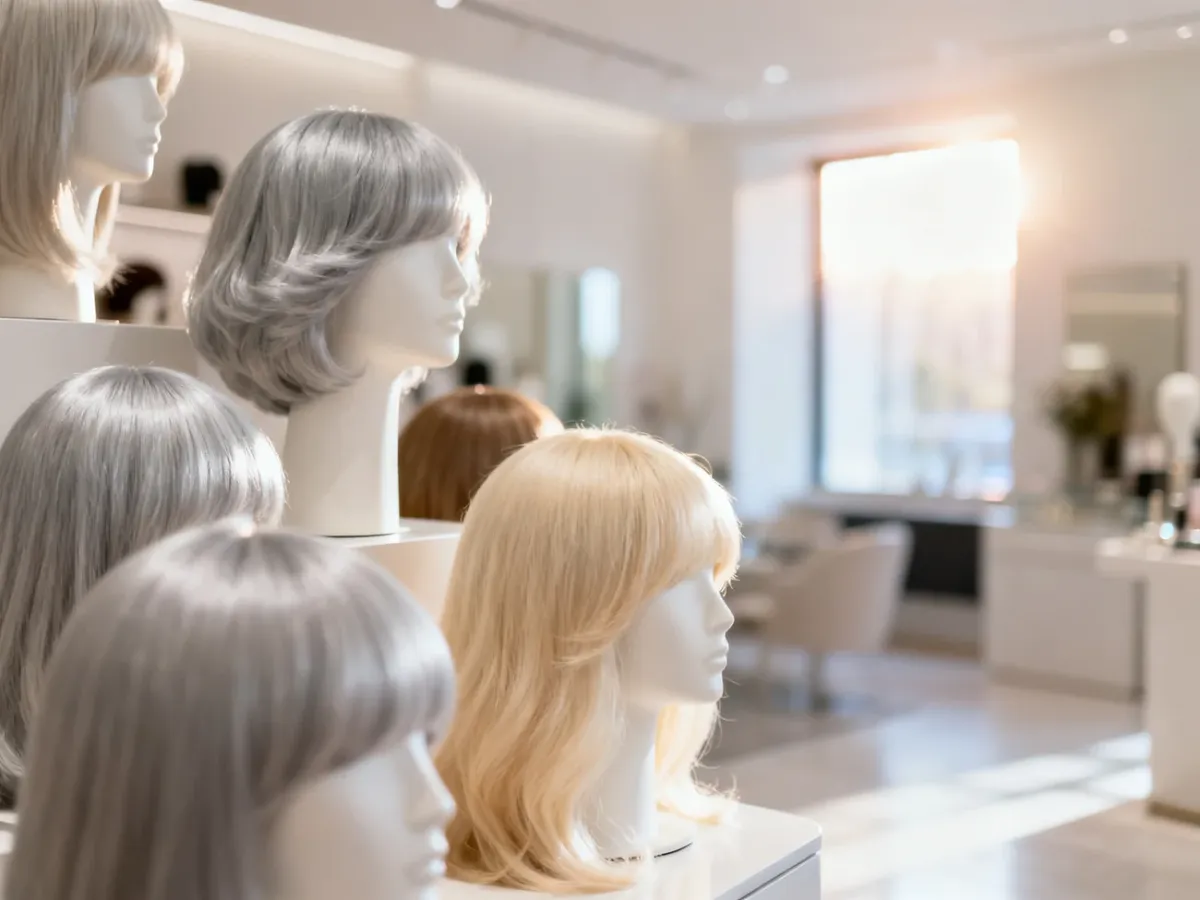 Eleganckie peruki w różnych odcieniach szarości i blondu wyeksponowane na manekinach w nowoczesnym salonie.