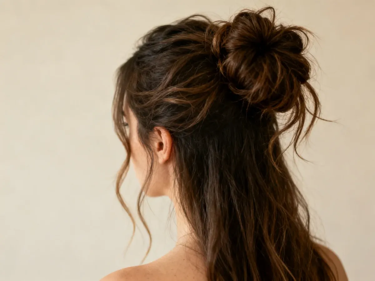 Luźny, objętościowy kok messy bun z odstającymi pasmami