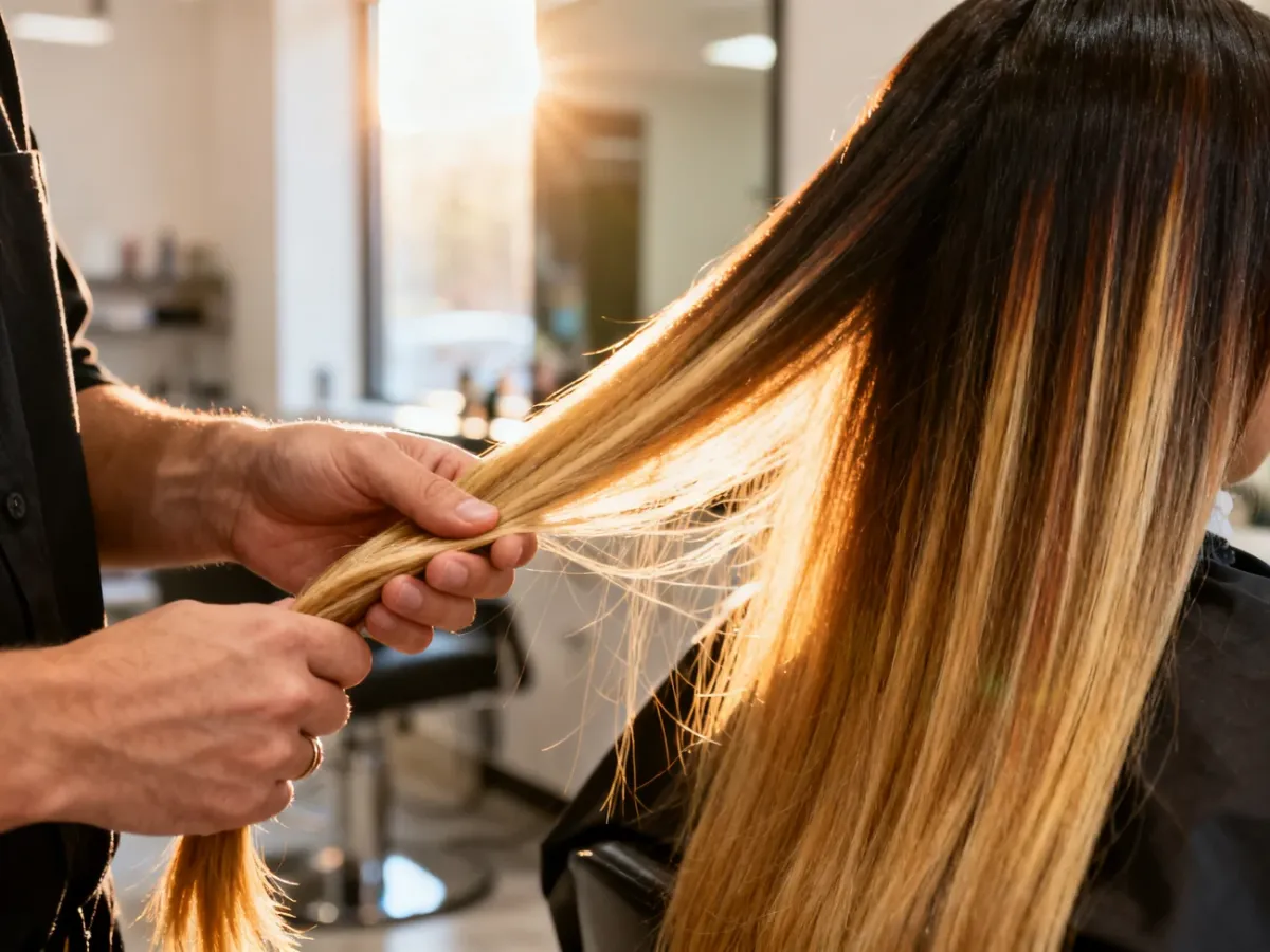 Dłonie fryzjera prezentujące pasmo włosów z wielowymiarowymi, blond pasemkami w nowoczesnym salonie.