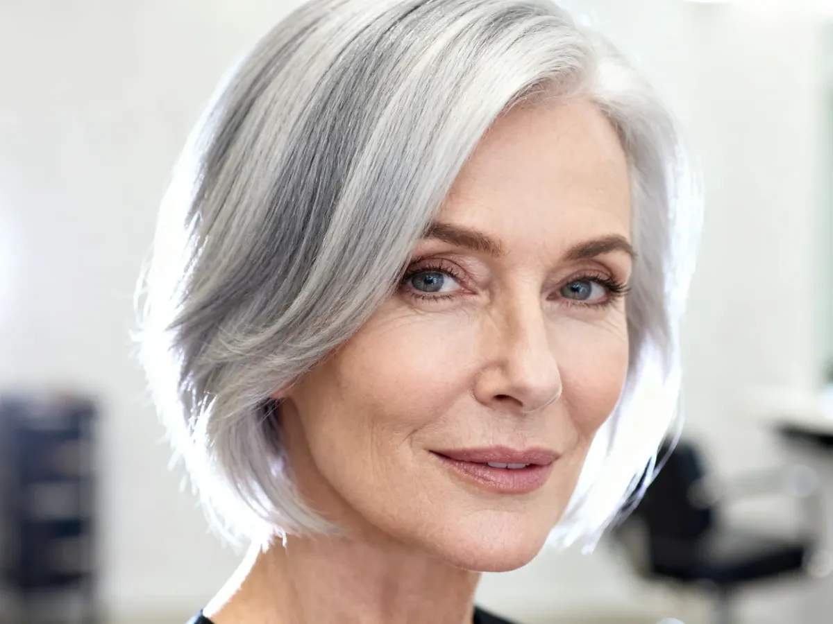 Lśniące siwe włosy z delikatnym efektem gray blending