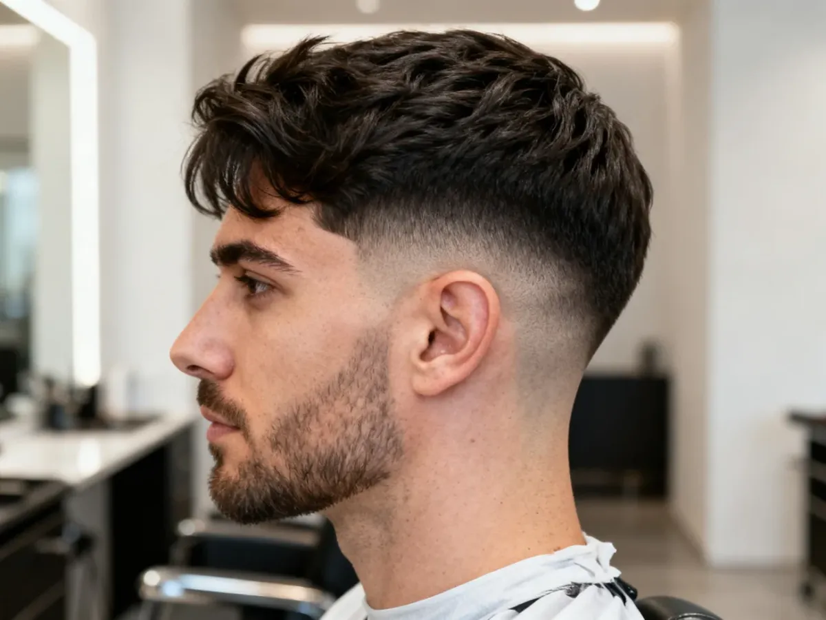 Profil mężczyzny z subtelną fryzurą low fade i dłuższymi włosami na górze