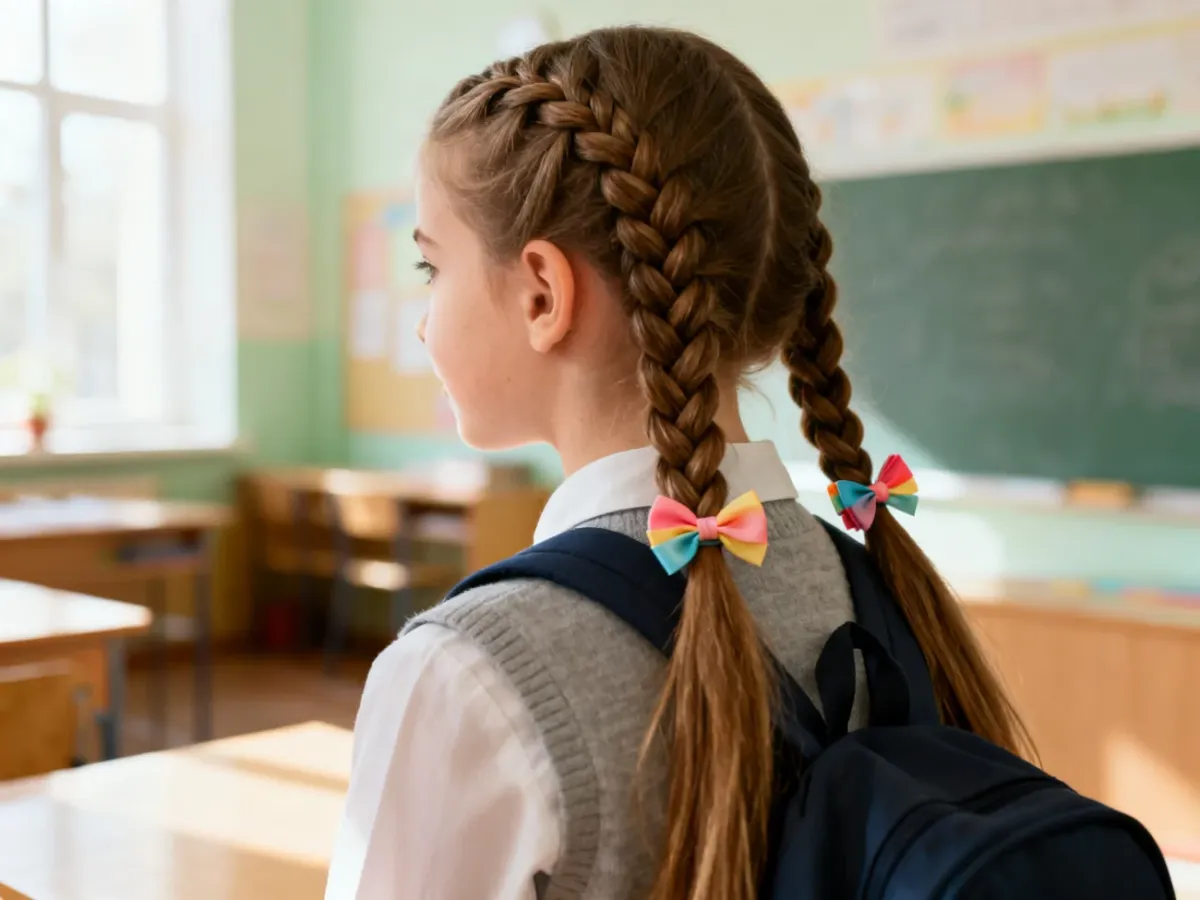 Dziewczynka z dwoma dobieranymi warkoczami i kokardkami