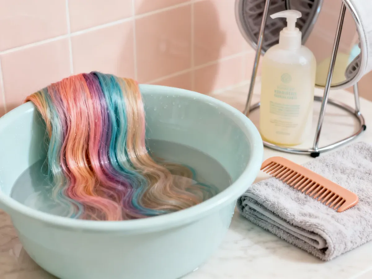 Delikatne mycie kolorowej peruki w letniej wodzie