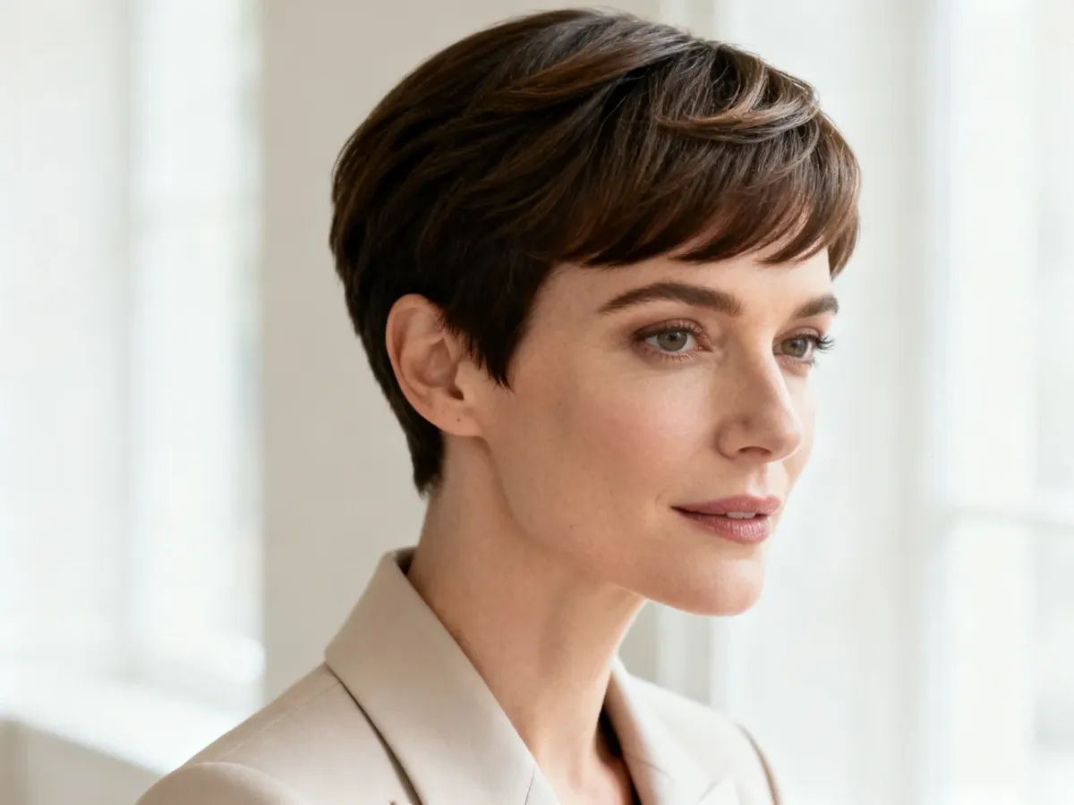 Kobieta z elegancką, teksturowaną fryzurą pixie cut