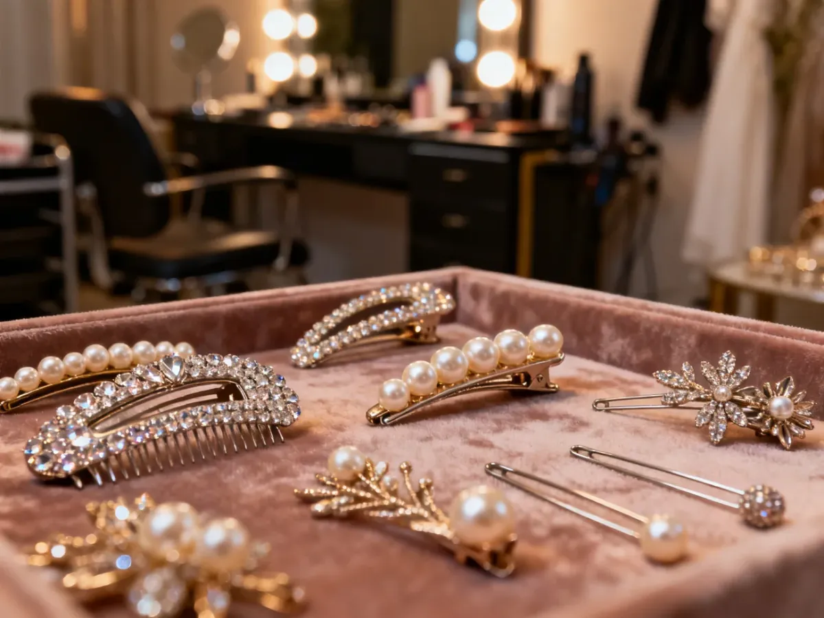 Eleganckie ozdoby do włosów, takie jak perły i błyszczące spinki, ułożone na aksamitnym tle w profesjonalnym salonie fryzjerskim.