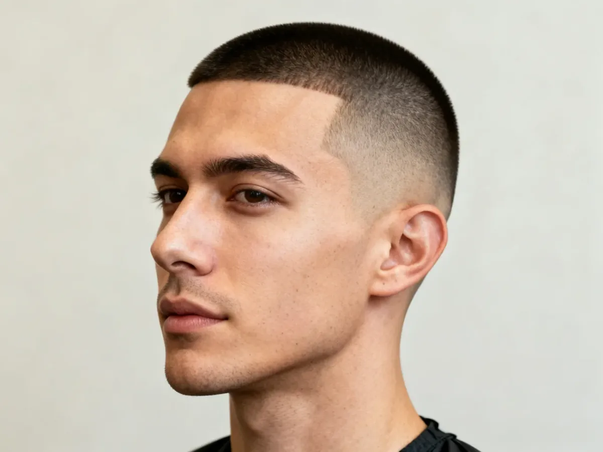 Mężczyzna z bardzo krótką fryzurą Buzz Cut w nowoczesnym salonie barberskim