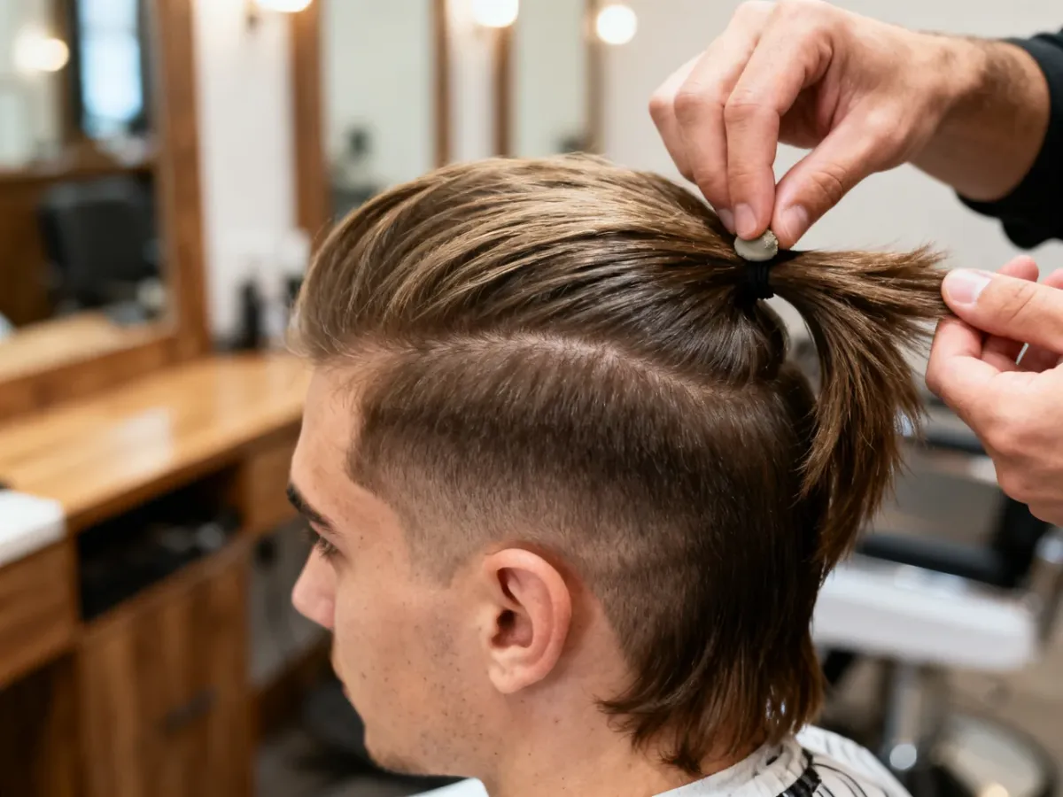 Barber stylizujący mulleta, nadając włosom lekką teksturę i rozdzielenie pasm
