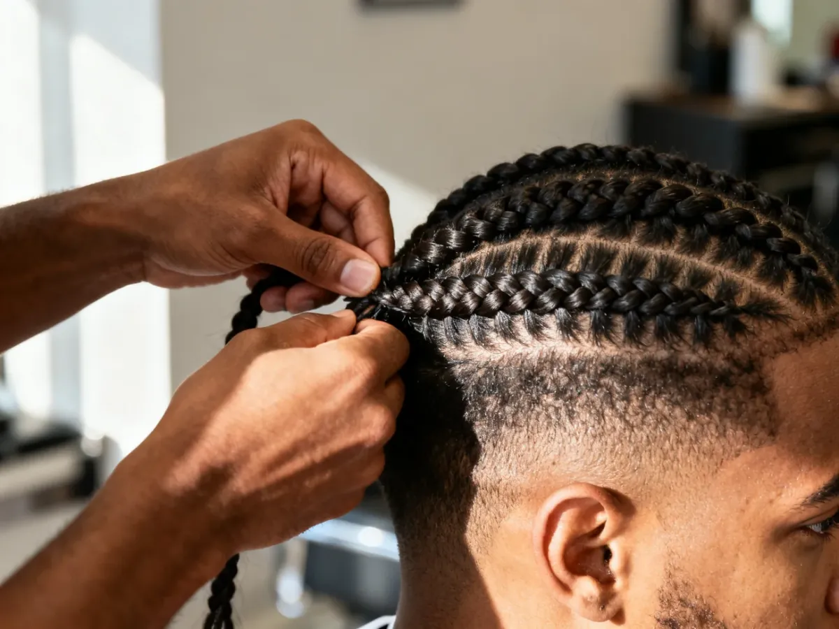 Profesjonalny fryzjer zaplata precyzyjne warkoczyki typu cornrows na głowie klienta w salonie fryzjerskim.