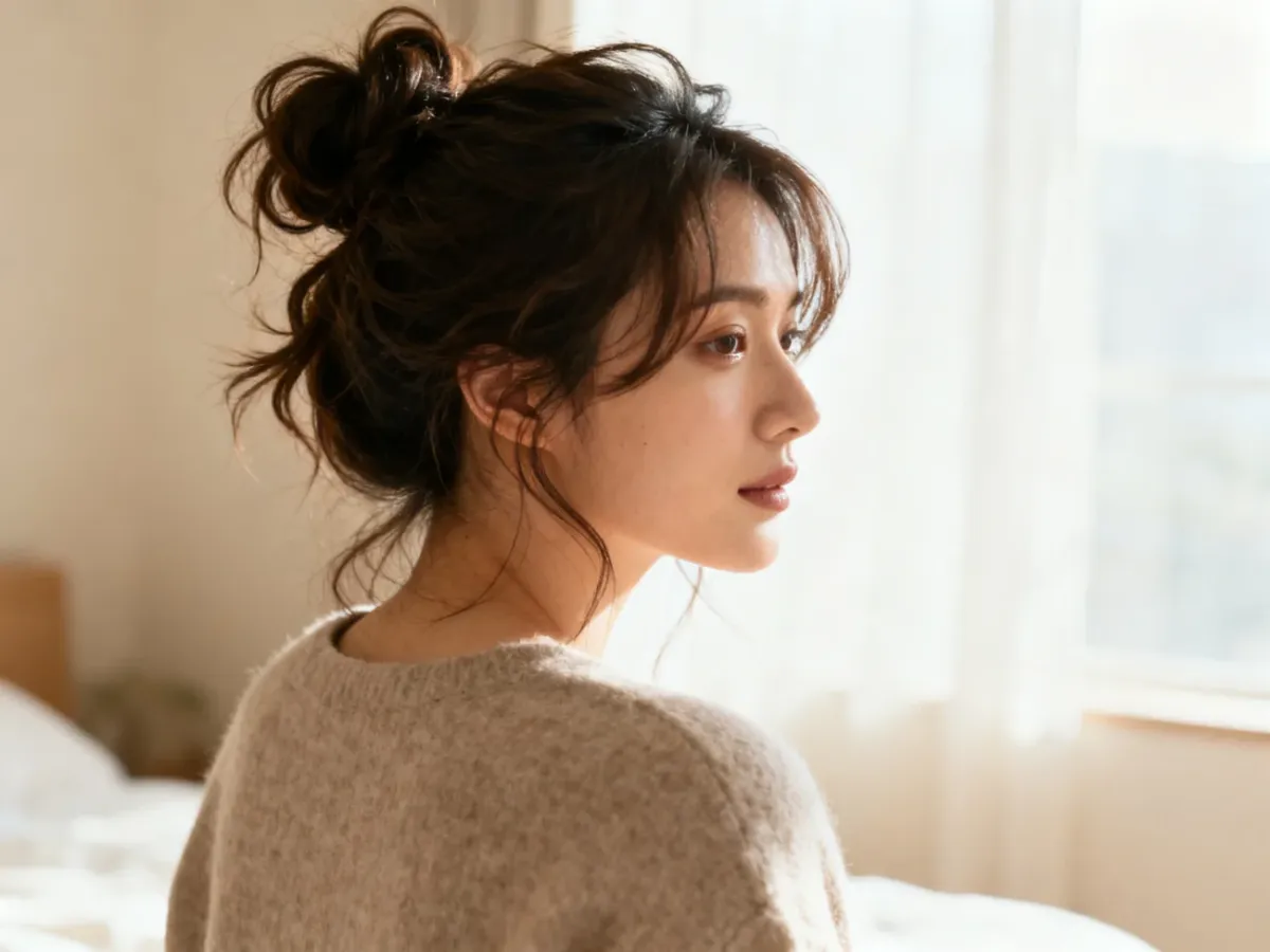 Luźny messy bun z nierównymi pętlami i pasmami przy twarzy