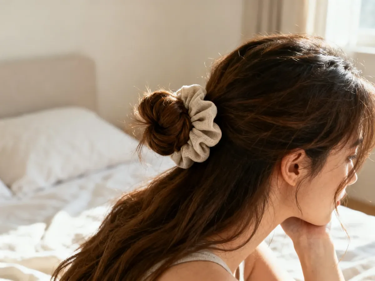Luźny kok upięty miękką gumką scrunchie
