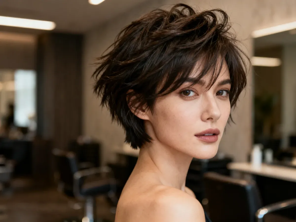 Kobieta z warstwową fryzurą wolf cut