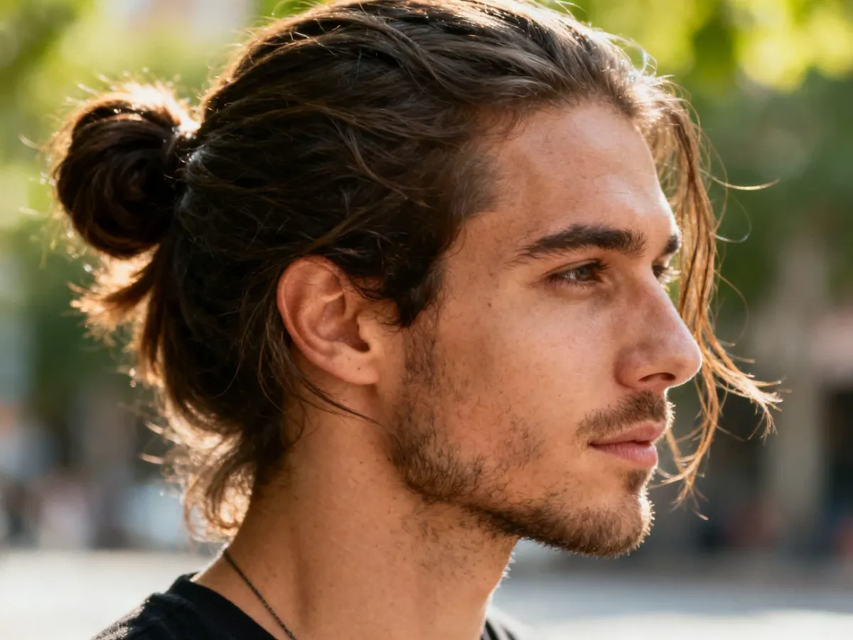 Mężczyzna z długimi włosami upiętymi w kok Man Bun
