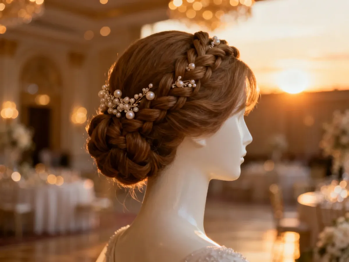 Eleganckie upięcie z warkoczem i perłami na manekinie, idealne jako inspiracja fryzury dla gościa weselnego.