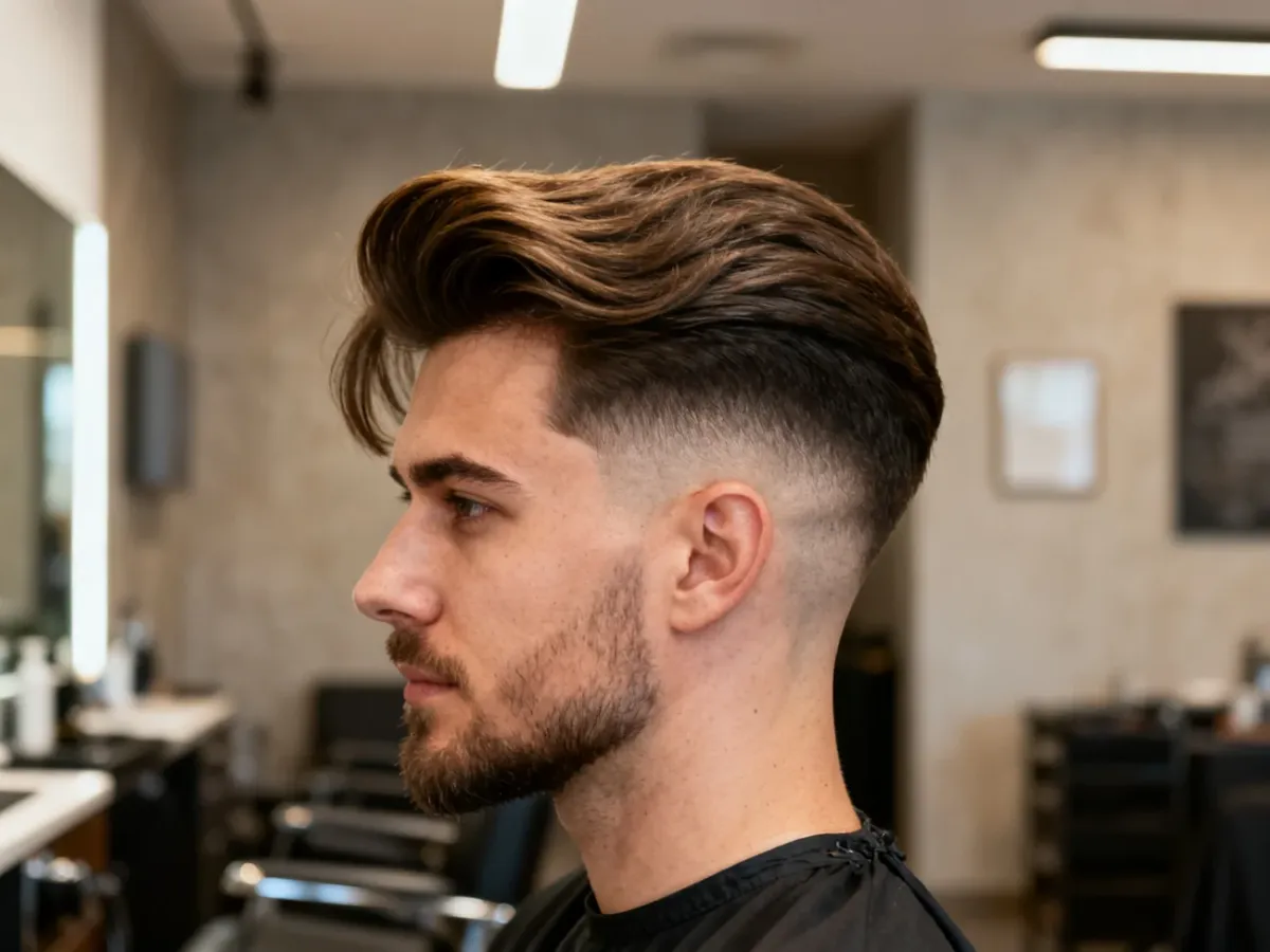 Mężczyzna z uniesioną fryzurą Quiff i krótszymi bokami