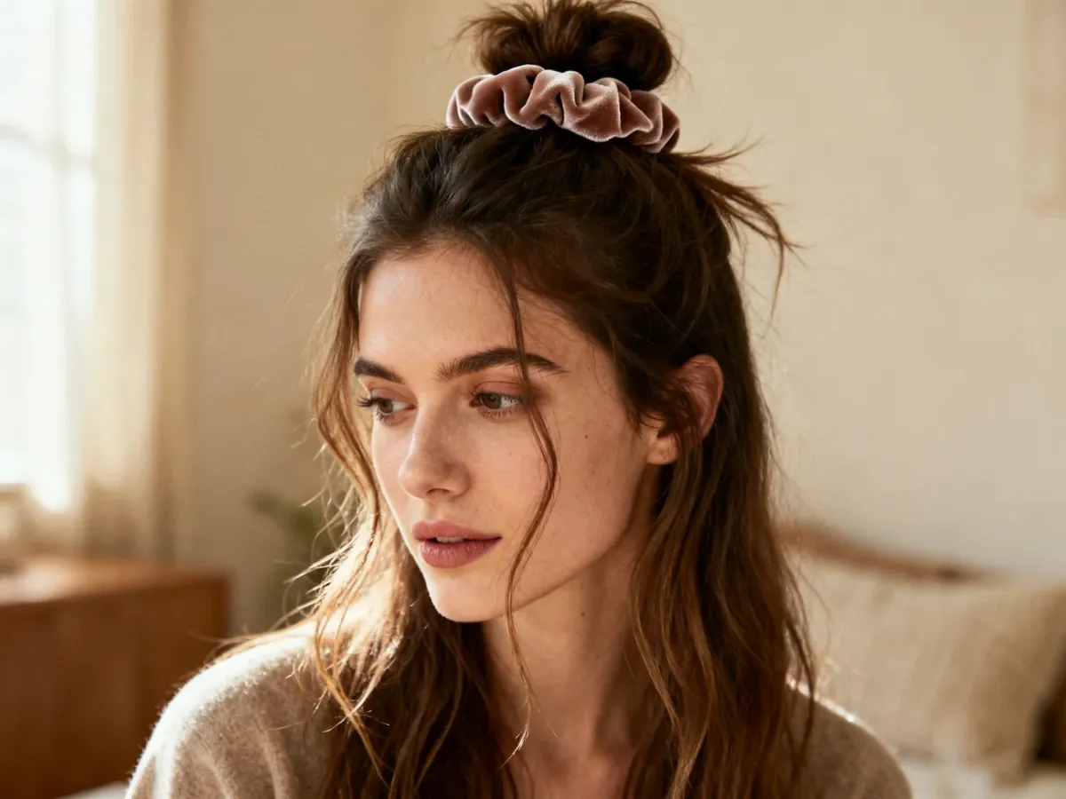 Luźny messy bun z welurową frotką