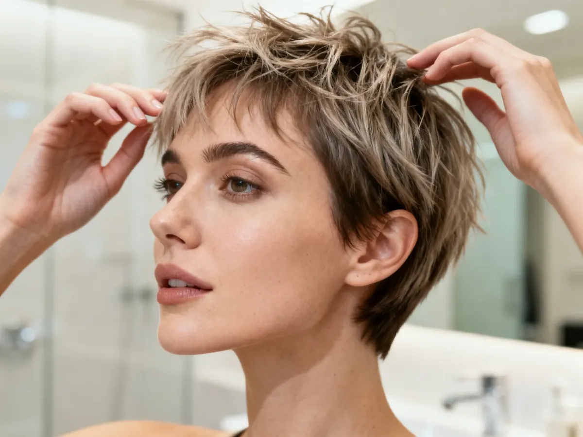 Stylizacja pixie cut palcami z efektem artystycznego nieładu