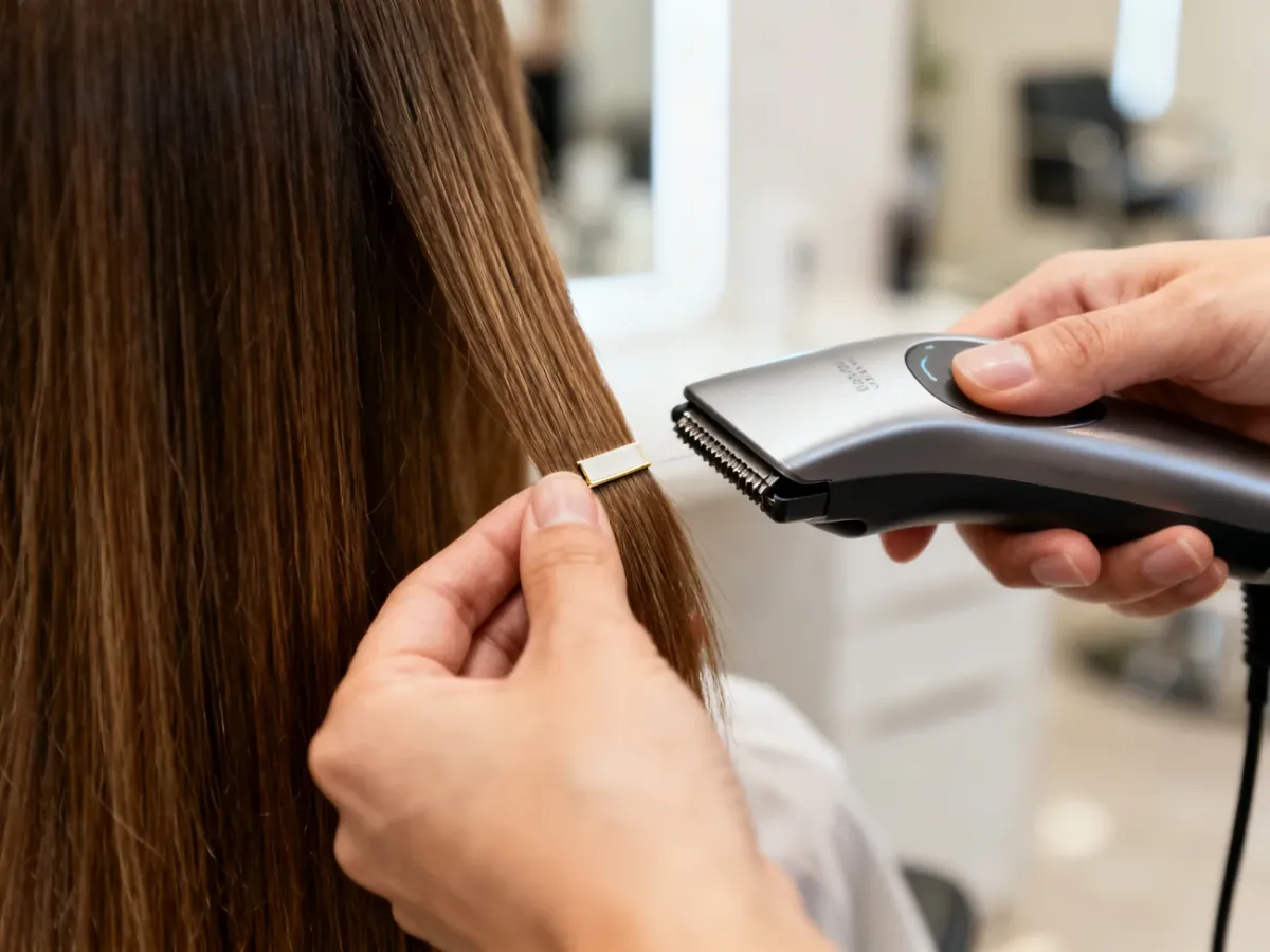 Stylista aplikuje pasmo przedłużające za pomocą urządzenia ultradźwiękowego