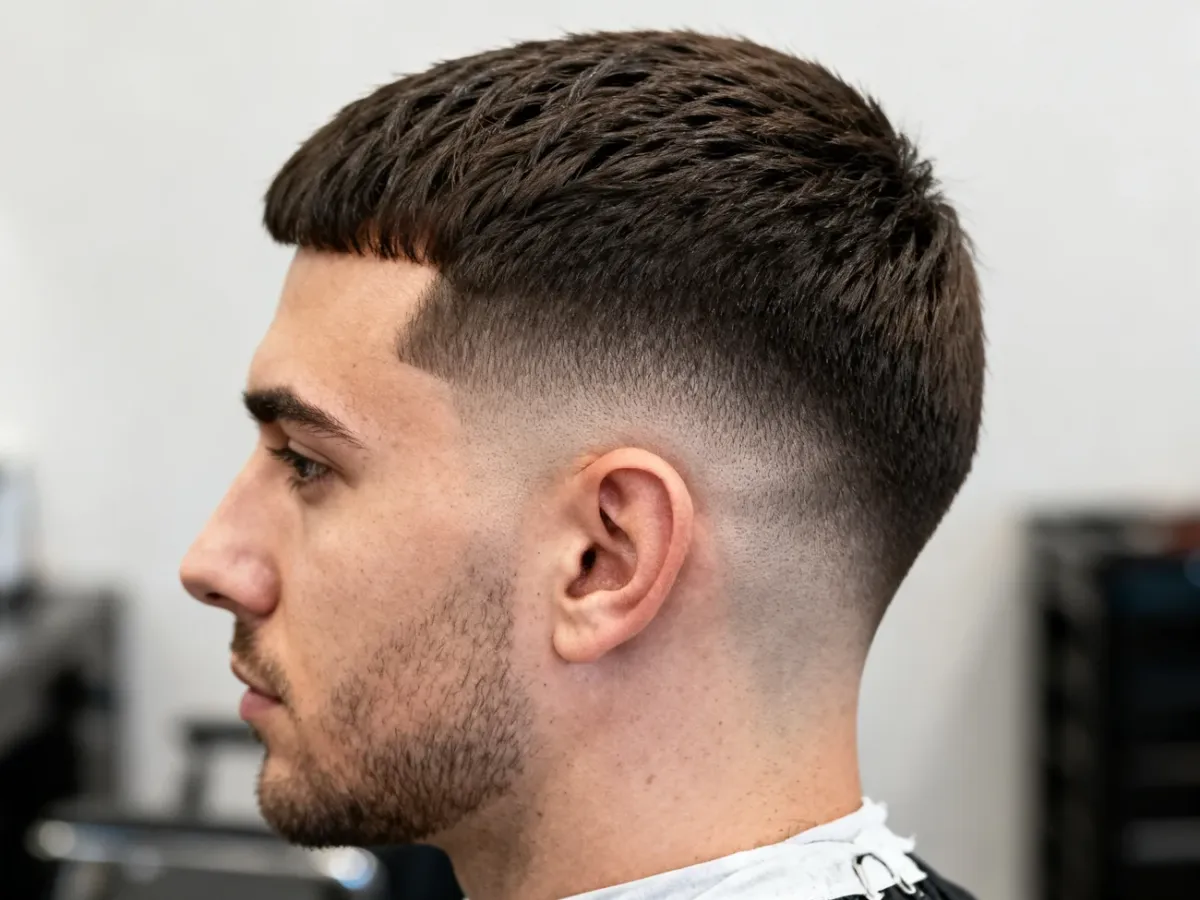 Profil mężczyzny z precyzyjną fryzurą low fade i teksturowaną górą