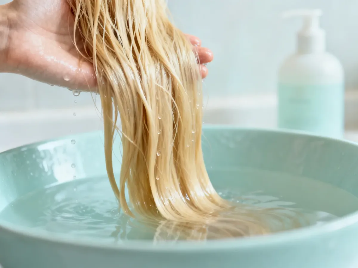 Mokre blond włosy płukane w delikatnie zabarwionym roztworze